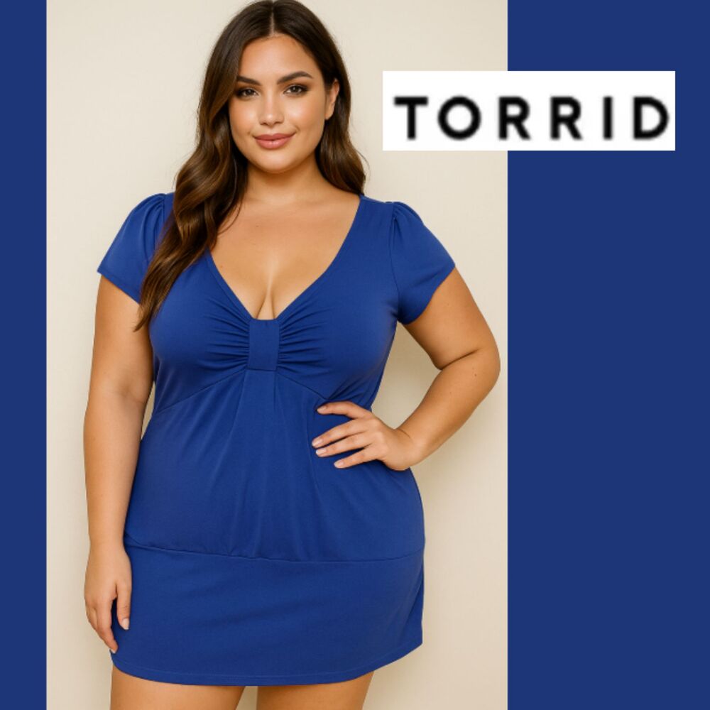Torrid Blue Top With Ruffled Short Sleeves and Ruched Bow Neckline